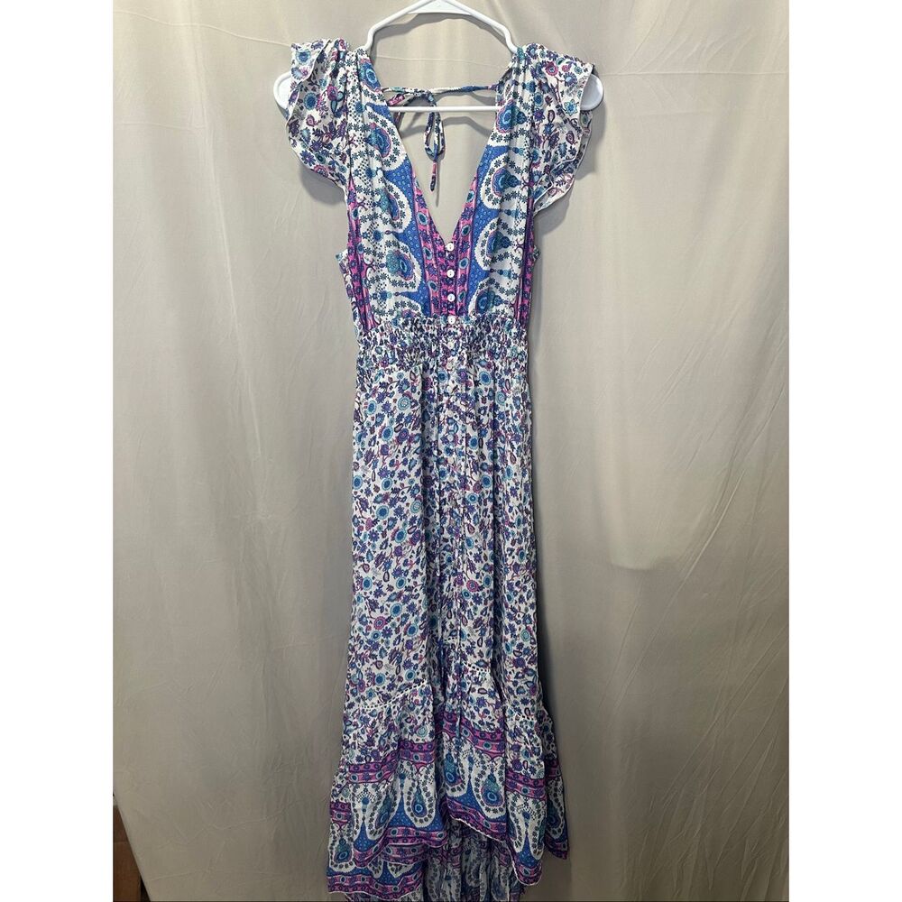 Walker & Wade Floral Boho Maxi Dress Ruffle Sleeve Low Back Hi-Low XS
